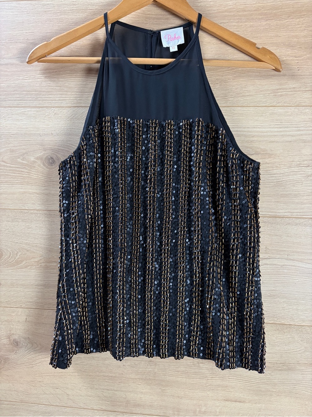 Parker Black 100% Silk Beaded Sequin Halter Top